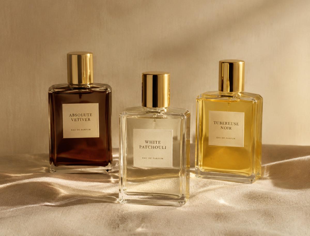 Elegante parfumflessen met gouden doppen op crèmekleurig linnen